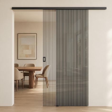 Mai & Mai Porta Scorrevole in Vetro Temperato 8mm con Sistema Softclose, Binario e Maniglia in Lega di Alluminio per Bagno Cucina Studio Ufficio, 90x205cm, Muranino-001