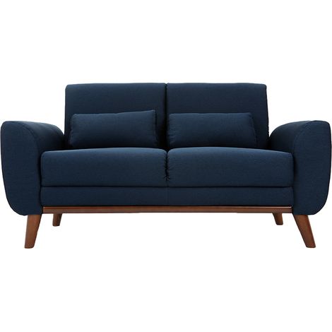 Miliboo – Canapé droit 2 places en tissu bleu foncé – Pieds en hévéa teintés noyer – Dimensions L145 x P74 x H79 cm – Confort optimal avec coussins (1/7)