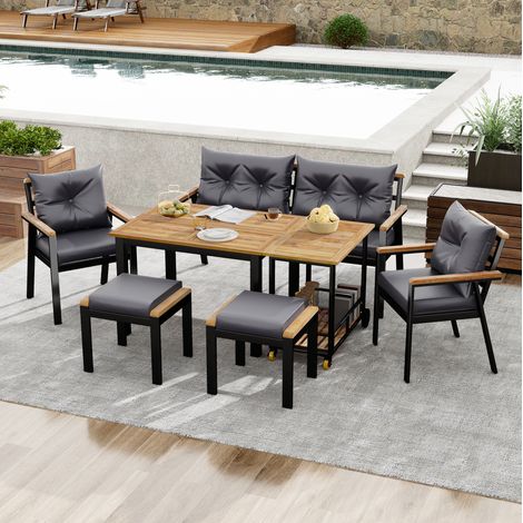 Salotto da giardino 6 pezzi con poltrona in legno di acacia, carrello da pranzo estraibile, sgabello e cuscino, nero e grigio, per giardino e terrazzo (1/5)
