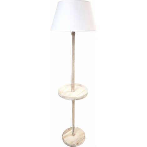 Lampe sur pied bois et tissu blanc style naturel élégant - Bois clair naturel et blanc