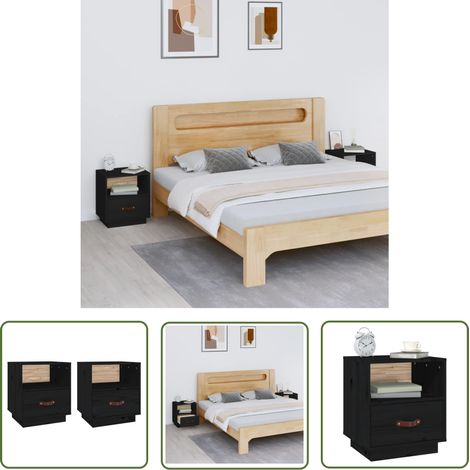 The Living Store Tables de chevet 2 pcs Noir 40x34x45 cm Bois de pin massif - Table De Chevet - Meuble De Chambre - Table Nuit - Bois Massif - Pin (1/5)
