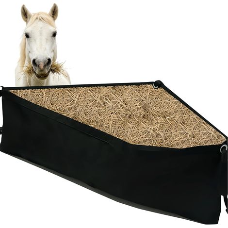 Distributeur de foin pour chevaux avec fond en maille, sac de foin à faible alimentation, fermeture à pression, résistant, pour écuries, remorques, fermes, moutons, chèvres et bétail, couleur noire (1/5)