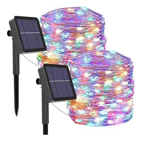 2 Pack Solar String Lights Outdoor Colorful 12m 120 LED 8 Modes Solar String Lights Waterproof Copper Wire Decorative Lighting for Home Garden Patio Party (1/5)