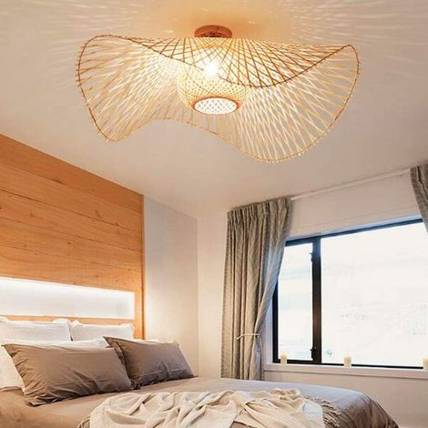 – Plafonnier vintage en bambou – Luminaire suspendu en rotin pour salle à manger – Chapeau de paille – Diamètre 45cm – Compatible ampoules E26 (1/5)
