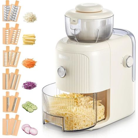 Râpe électrique multifonctionnelle, 6 lames, récipient 1,8 L, hachoir à légumes, fromage, oignons, carottes, concombres, blanc (1/5)
