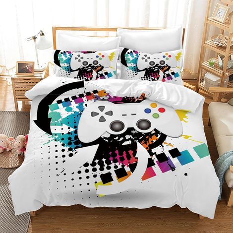 Housse de Couette Gamer 135 × 200 cm pour Enfants,Parure de lit Gamer en Microfibre,Motif Gamepad 3D,1 Housse de Couette + 2 Taies d'oreiller 50 x 75 cm(Gamer 3) (1/5)
