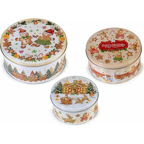 Scatole natalizie tonde in metallo adatto al contatto alimentare, stampa biscottini pan zenzero, set da 2 pezzi, Grande: Ø 20 cm x 9 H