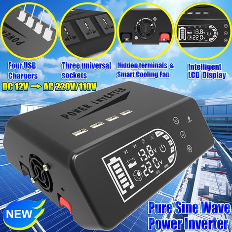 Convertisseur de puissance portable à onde sinusoïdale pure pour voiture, transformateur de tension 1000 W, rechargeable par USB, écran LCD, onduleurs pour voiture