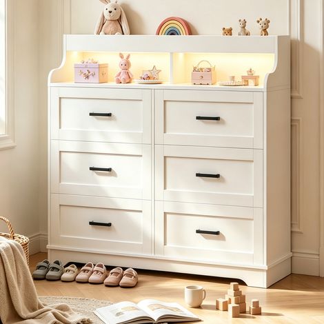 Commode 6 tiroirs - blanche scandinave avec LED RGB et USB - Meuble rangement chambre avec kit anti-basculement (1/5)