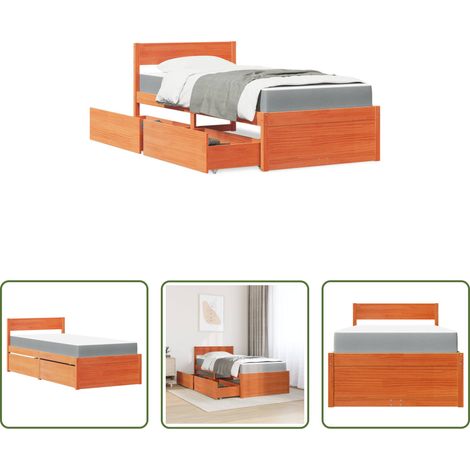 Lits avec tiroirs - Lit avec tiroirs/matelas cire marron 90x190 cm bois massif pin (1/5)