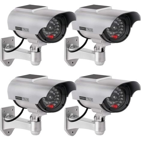 (Argenté)4Pcs Caméra Factice Intérieur Extérieur Solaire, Étanche, Fausse Caméra de Surveillance CCTV avec Lumière LED Rouge Clignotante (1/4)