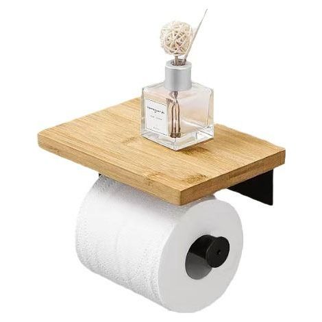 Porte Papier Toilette,Support Porte Papier Toilette avec Etagère en Bambou Plateau,Derouleur Papier Toilette Murale,Porte Rouleau Papier (1/5)