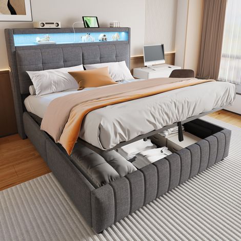 lit adulte double rangement 160x200 LED USB lin gris OKMYHOME (1/5)