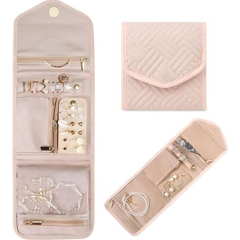 Pochette de rangement pliable, boîte à bijoux de voyage, pochette de rangement portable pour boucles d'oreilles, bagues, colliers et bracelets, convient aux femmes et aux filles, rose clair, taille S