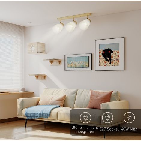 Lámpara de techo LED 55x13x20 cm con 3 focos ajustables, montaje en techo o pared, vidrio crema y madera natural (1/5)