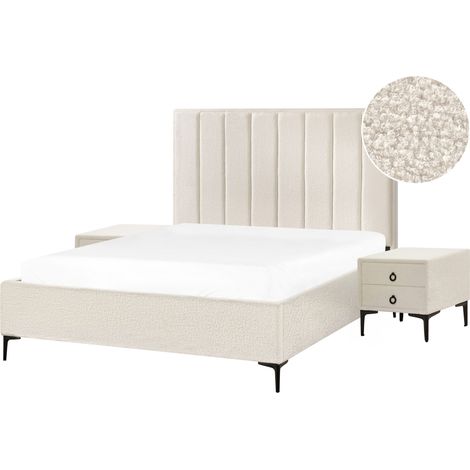 Conjunto de dormitorio cama 160 x 200 cm y 2 mesitas de noche bouclé blanco crema Sezanne (1/5)