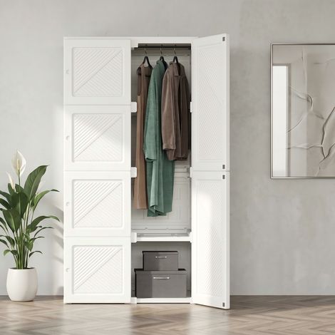 Armoire Penderie Chambre, 50×136× 69cm Armoire Pliable de Rangement, avec 5 Cubes, 1 Tringle à Vêtements Suspendue, Portes Magnétiques, pour Vetements, Jouets, Livres ,Couloir(Blanc)
