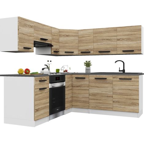 Belini ITALIA 6 Cuisine Equipée Modulaire Complète - 360 cm. Meubles Hauts Bas avec Plan de Travail, Chêne Sonoma
