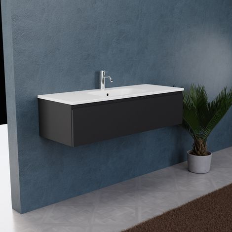 Inda - Badezimmerschrank B.120 mit mattiertem Waschbecken / Mattschwarz 1 Schublade - Rubin (1/5)
