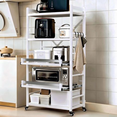 Étagère de cuisine sur pied, en acier au carbone, capacité de charge de 200 kg, étroite, à 5 étages, avec roulettes et plan de travail, sans perçage, pour cuisine, salon, salle de bain (1/5)