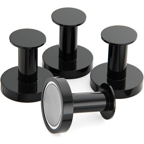 Leistungsstarke Magnethaken zum Aufhängen von Mänteln und Taschen. Set mit 4 schwarzen Magnethaken, ausgestattet mit hochfesten Neodym-52-Magneten (Seltenerdmagnet). Magnethaken im Pushpin-Stil.