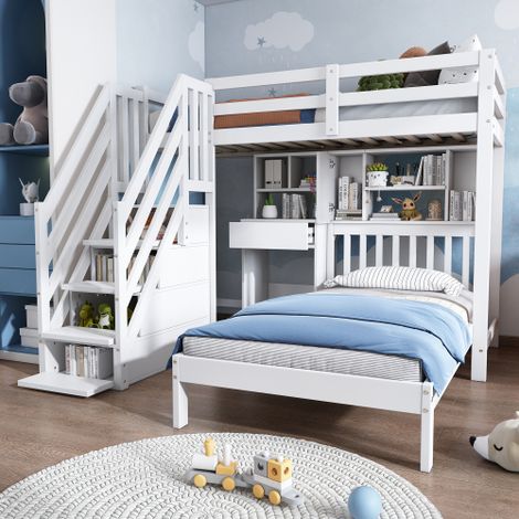 Multifunctional White Wood Bunk Bed 90x190cm with Desk,Shelves,Storage Space,and Slatted Frame for Kids