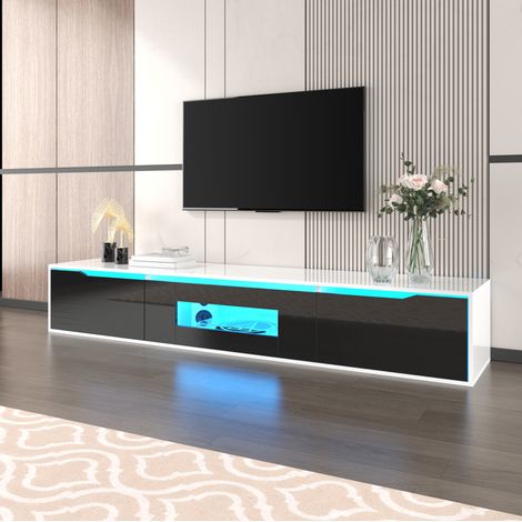 Mueble TV 180 x 35 x 30 cm con LED 16 colores, negro y blanco, frontal negro brillante DESVIAE (1/5)