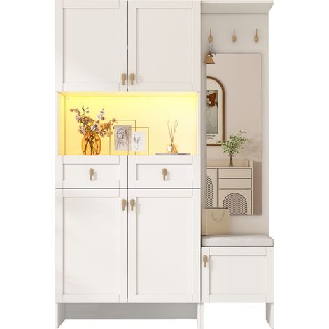 portemanteau multifonctionnel miroir tiroirs hooks Particle Board Blanc 120.00 x 33.50 x 180.00 (1/5)