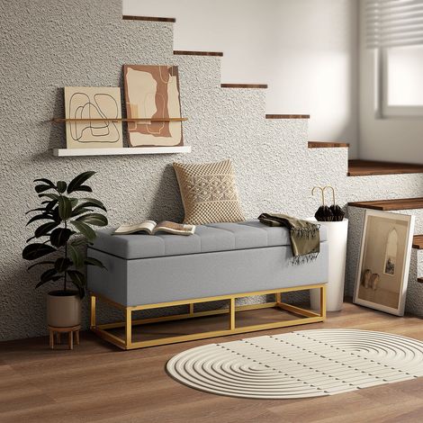 Banc banquette coffre de rangement 2 en 1 assise capitonnée et pieds acier 110 x 44 x 48 cm gris et doré