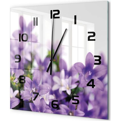 Grande Horloge Murale Carrée Minimaliste en Verre Trempé Silencieuse Design Moderne Cloches violettes 60x60 cm (1/5)