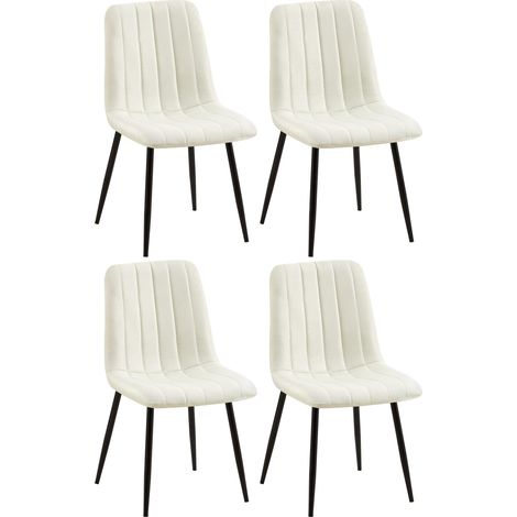 Set 4 sedie sala da pranzo con cuciture decorative verticali in tessuto velluto panna e gambe in metallo nero 100001874