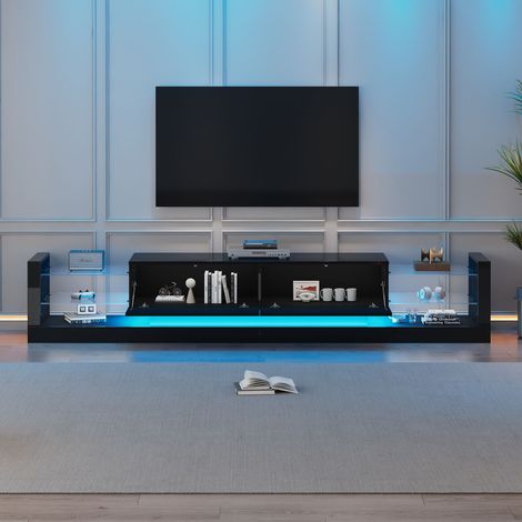 Meuble TV 181 cm noir brillant avec LED, façade en verre et 2 abattants, pour TV jusqu’à 80 pouces (1/5)