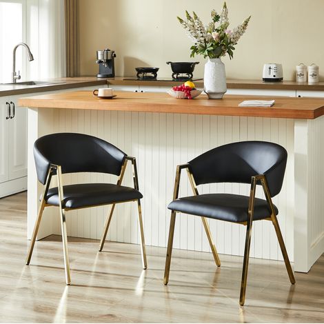Silla de comedor de PU negro con estructura metalica dorada, diseno moderno ergonomico,56×59×77cm (1/5)