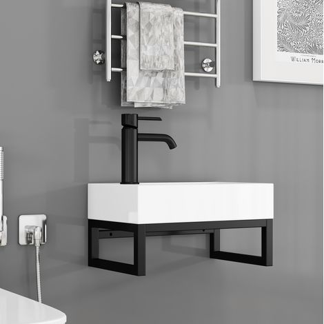 Lavabo da parete 40x21x25 cm, salvaspazio, con troppopieno e telaio in metallo, ceramica bianco opaco (1/5)