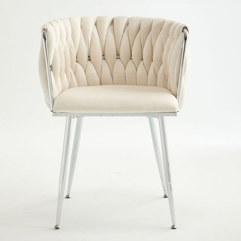 Chaise repas en velours chaise de cuisine assise tissée style moderne pieds argentés coloris ivoire lot 2 pièces (1/5)