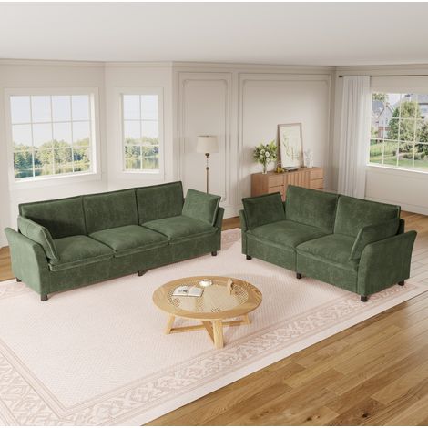 Divano modulare a 3 e 2 posti in ciniglia verde con cuscini (1/5)