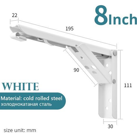 (Blanc 20 cm - Pologne) 2 supports d'étagère triangulaires pliables en acier inoxydable, réglables, à fixer au mur, pour banc ou table. (1/5)