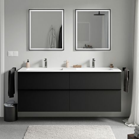 Waschtischunterschrank Bernstein LAVOA 160cm mit Mineralguss Waschbecken BRUXELLES Badmöbel: Schwarz matt, Waschbecken: Weiß matt mit Hahnloch, Metallgriff: Schwarz matt