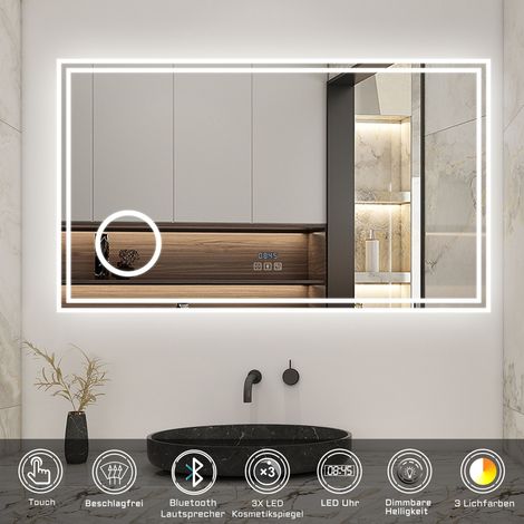 LED Badspiegel Lichtspiegel Wandspiegel Lichtspiegel Badezimmerspiegel, 140x80cm Beschlagfrei+3 Lichtfarben Dimmbar+Bluetooth+Uhr+3x Vergrerung Schminkspiegel+LED Memory Funktion (1/5)