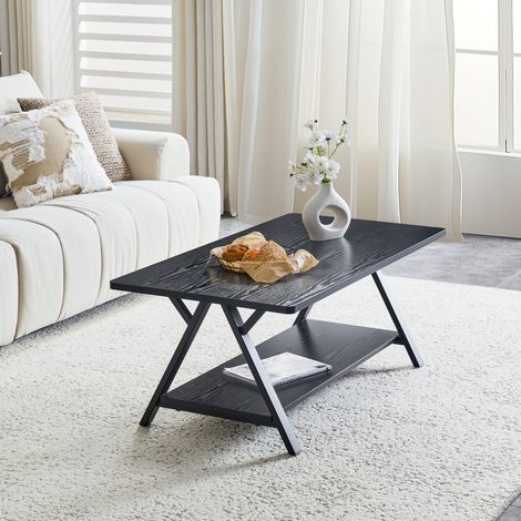 Table basse rectangulaire - 110x57x44,5cm - Style industriel avec étagère de rangement et structure en X - Noir (1/5)