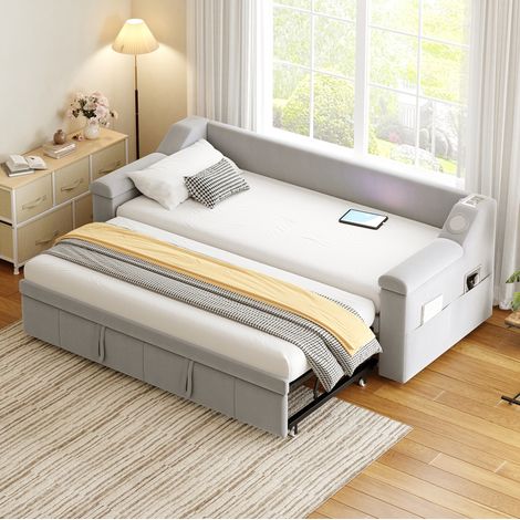 Lit Gigogne 90/180 x 190 cm Canapé lit extensible rembourré avec stéréo Bluetooth ports USB – sommier à lattes – velours gris clair (1/5)