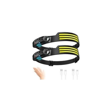 Lot de 2 lampes frontales à LED puissantes, 1000 lumens, 3 LED ultra lumineuses, rechargeables par USB, capteur de mouvement, étanches, pour la pêche, le camping, le cyclisme et la course à pied. (1/4)
