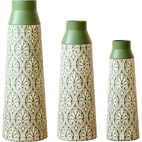 Set de 3 vases métalliques verts avec motif ornemental, hauteurs 61,5/51/43,5 cm, décor rétro pour fleurs sèches et pampas (1/5)