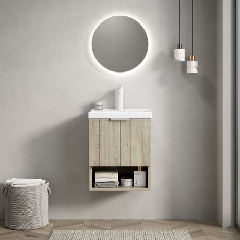 Meuble-lavabo mural de 42 cm, avec vasque rectangulaire en céramique blanche, portes doubles et étagères ouvertes, Design moderne, Beige (1/5)