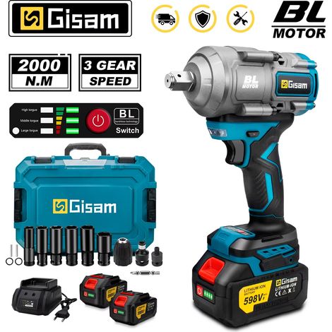 NICOLA Clé à chocs électrique sans balais, couple de 2000 Nm, 1/2 pouce, outil sans fil, compatible avec les batteries Makita 18V, 2 batteries (1/5)