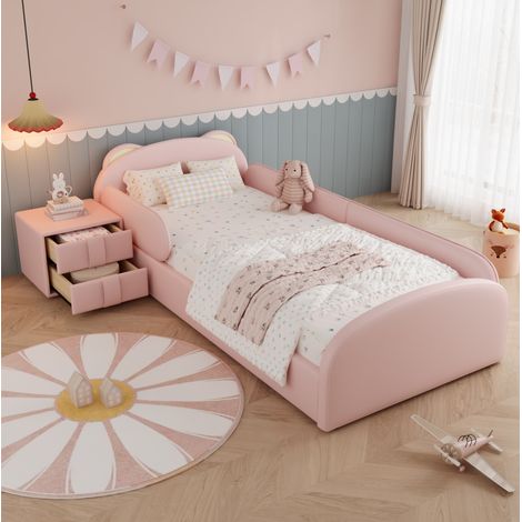 Letto imbottito per bambini 90x200 cm con testiera orso e comodino, PU rosa, REDOM (1/5)
