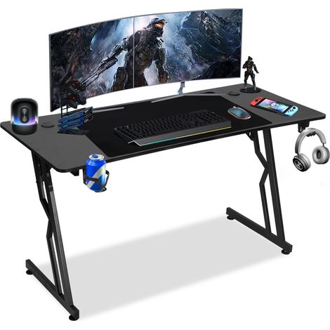 Wolketon Bureau Gaming Bureau de jeu avec Porte-gobelet et Crochet pour Casque, 140x60cm, Plateau en Fibre de Carbone, sans LED