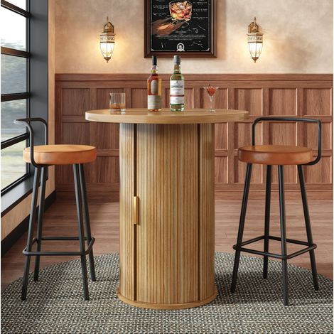 Table de bar ronde 60x60x91,6 cm avec rangement 4 niveaux, porte coulissante, MDF décor bois et métal - wood (1/5)