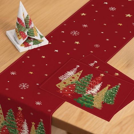 Weihnachts Tischdeko Set: Tischläufer 40x100cm, 2 Platzsets, 20 Servietten Rot