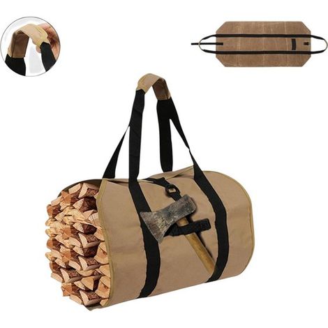 sac à bois de chauffage - Sac à bois pour poêle à bois - Kaki - Sac à bois de chauffage robuste en toile - avec poignée - Convient pour les cheminées intérieures et le camping. Couleur bois (1/5)